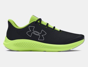 Under Armour – Boys’ Grade School UA Charged Pursuit 3 Big Logo Running Shoes – Black/Morph Green/Mod Gray